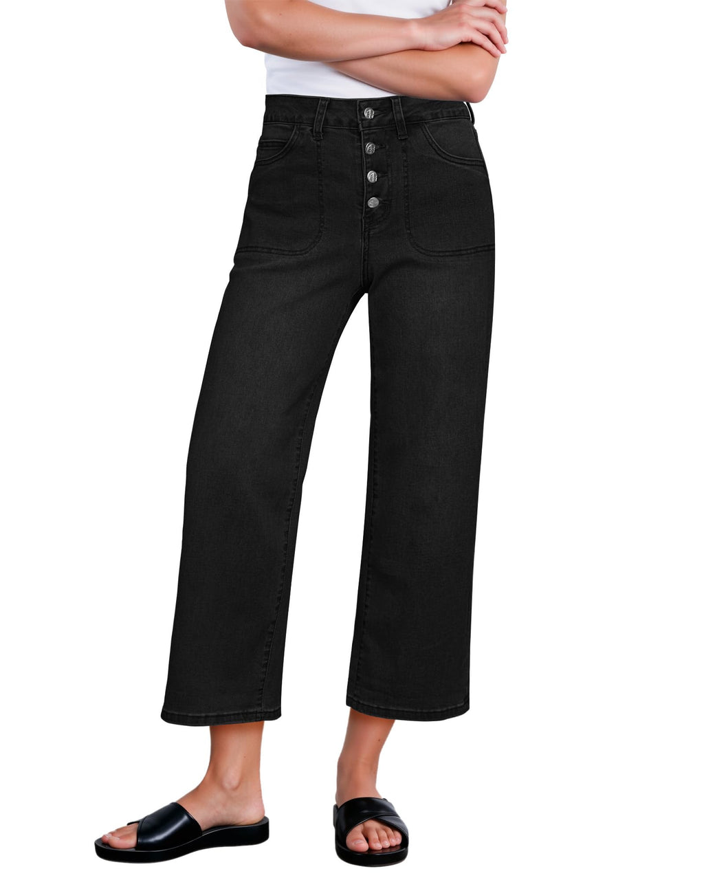 GRAPENT Wide Leg Jeans for Women Cropped Trendy High Waisted Button Fly Loose Straight Leg Stretchy Denim Trouser Jeans