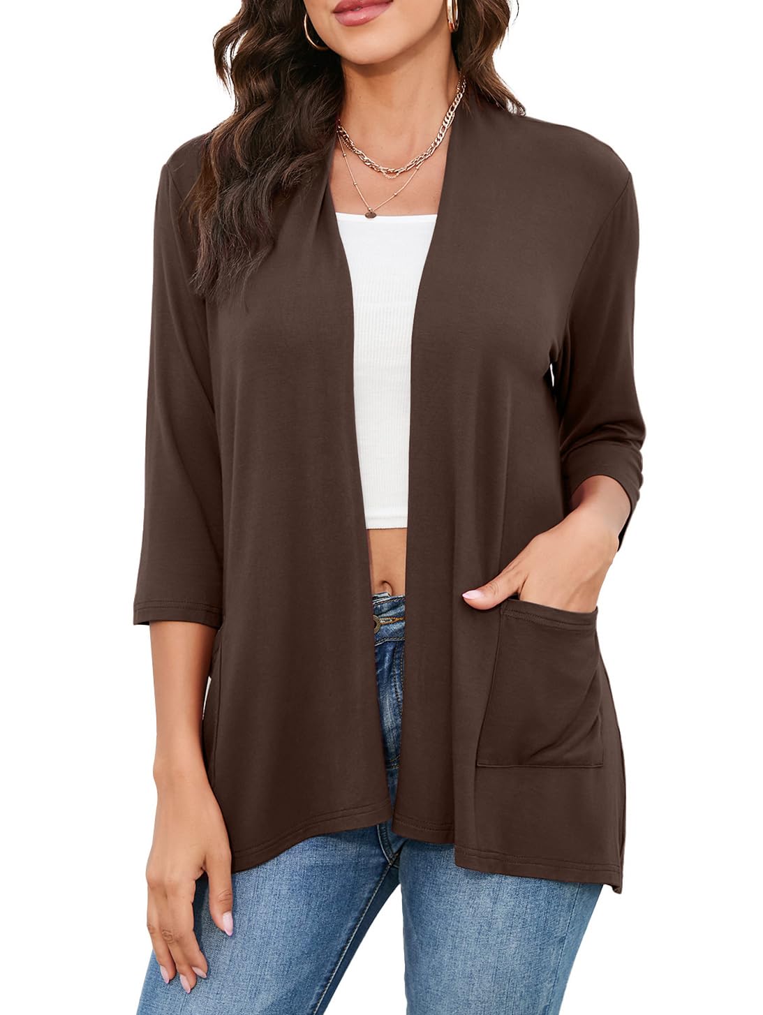 HIYIYEZI Womens Casual Lightweight Cardigans with Pockets 3/4 Sleeve Open Front Dusters