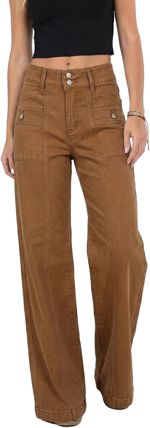 Astylish Women's Wide Leg Jeans High Waisted Double Buttons Stretchy Straight Leg Jean Trendy Denim Pants Big Pockets