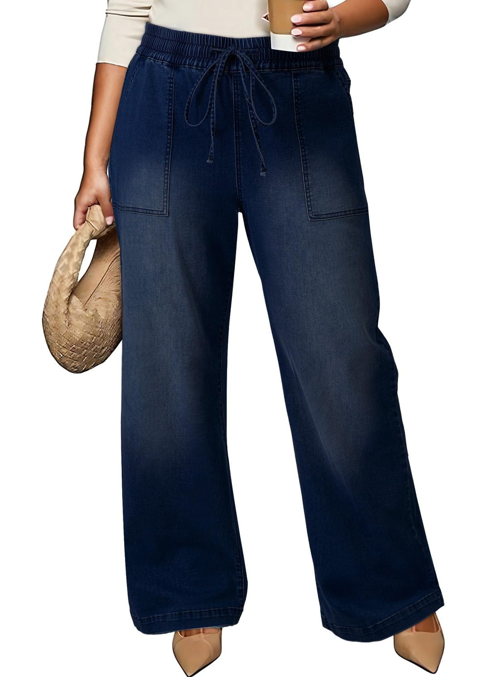 Eytino Womens Plus Size Jeans High Waisted Straight Leg Wide Leg Jean Trendy Stretchy Drawstring Denim Pants(1X-5X)