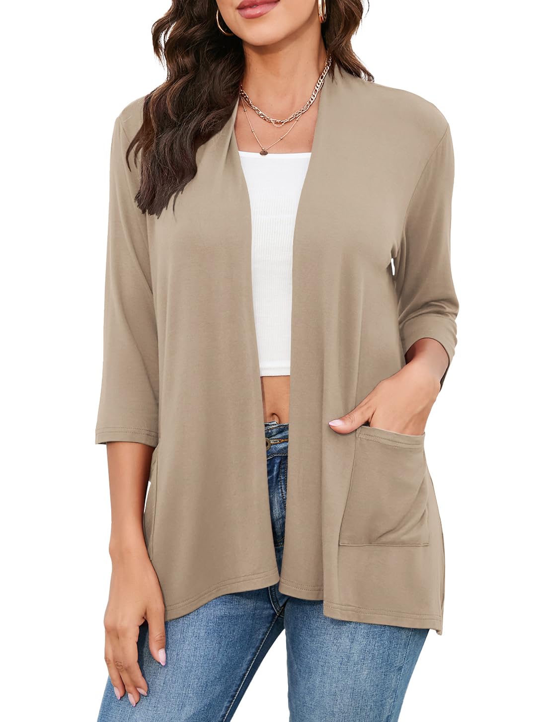 HIYIYEZI Womens Casual Lightweight Cardigans with Pockets 3/4 Sleeve Open Front Dusters