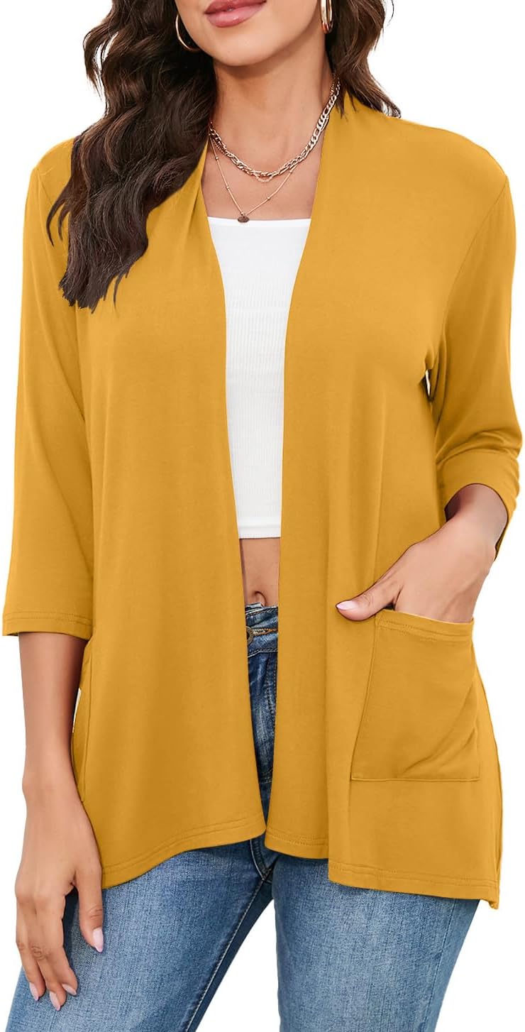 HIYIYEZI Womens Casual Lightweight Cardigans with Pockets 3/4 Sleeve Open Front Dusters