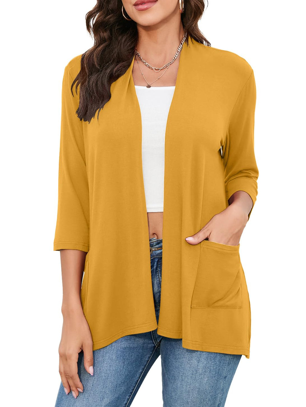 HIYIYEZI Womens Casual Lightweight Cardigans with Pockets 3/4 Sleeve Open Front Dusters