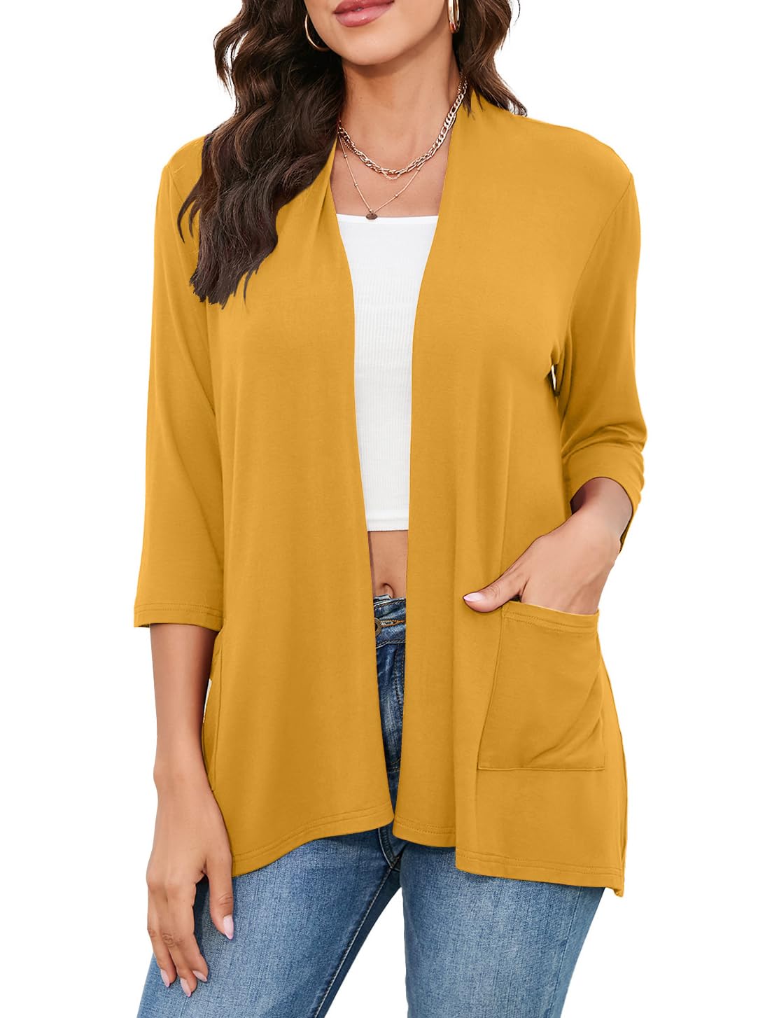 HIYIYEZI Womens Casual Lightweight Cardigans with Pockets 3/4 Sleeve Open Front Dusters