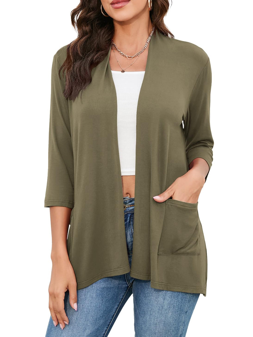 HIYIYEZI Womens Casual Lightweight Cardigans with Pockets 3/4 Sleeve Open Front Dusters