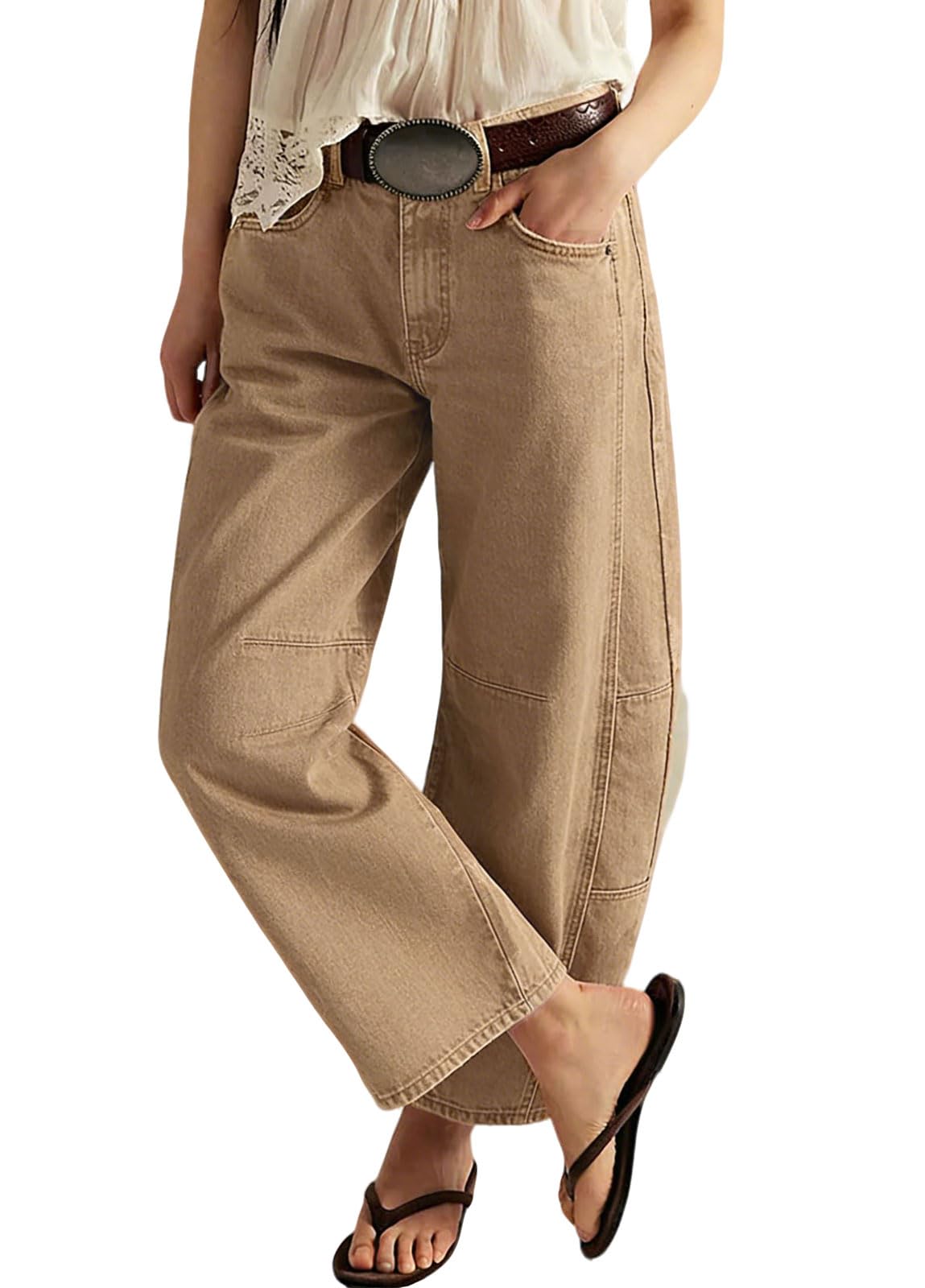 loveimgs Women Casual Wide Leg Mid Rise Jeans Baggy Barrel Jeans Denim Pull On Pants Sweatpants Y2k Boyfriend Boho Ankle Pant