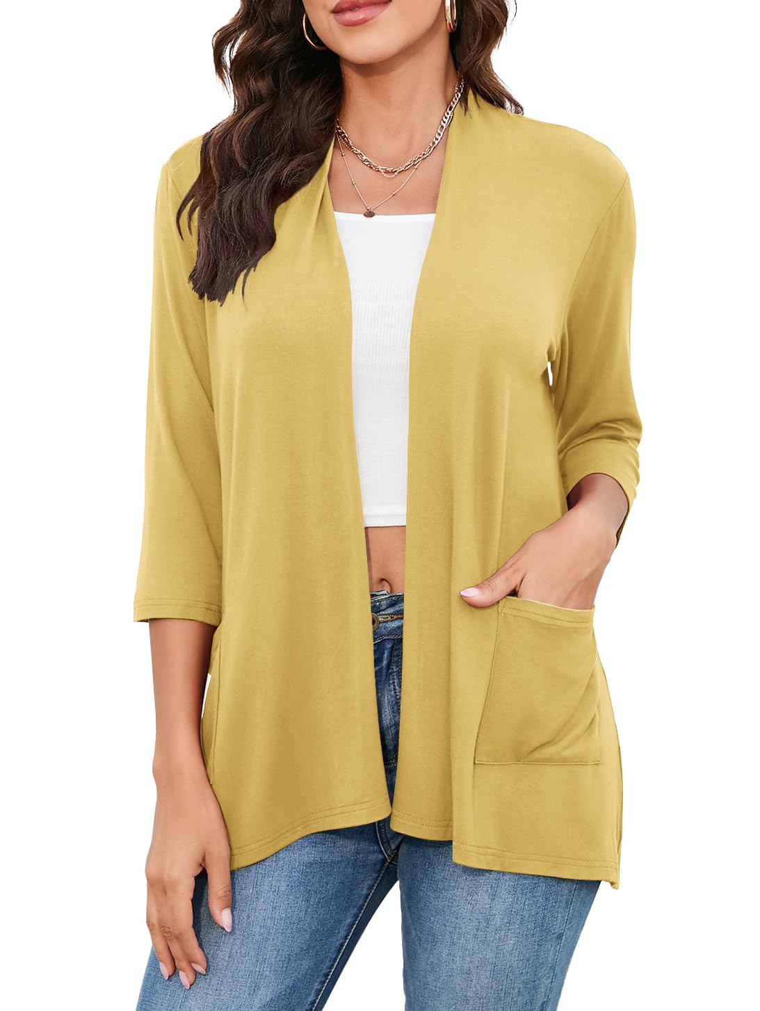 HIYIYEZI Womens Casual Lightweight Cardigans with Pockets 3/4 Sleeve Open Front Dusters