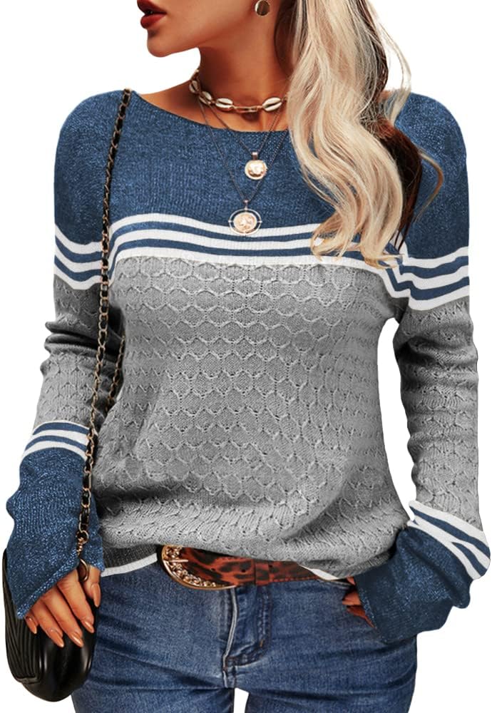 Danedvi Womens Fall Fashion 2026 Sweaters Colorblock Lightweight Striped Crewneck Winter Trendy Pullover Tops