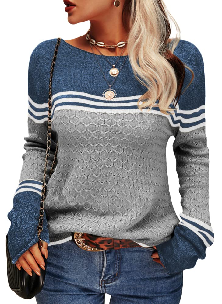 Danedvi Womens Fall Fashion 2026 Sweaters Colorblock Lightweight Striped Crewneck Winter Trendy Pullover Tops