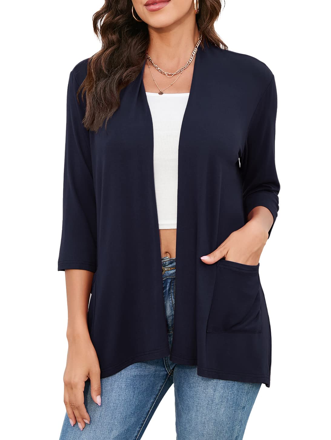 HIYIYEZI Womens Casual Lightweight Cardigans with Pockets 3/4 Sleeve Open Front Dusters