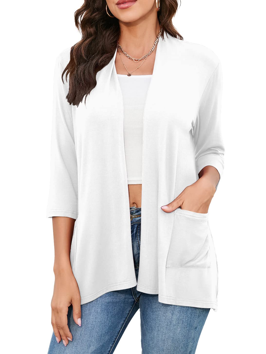 HIYIYEZI Womens Casual Lightweight Cardigans with Pockets 3/4 Sleeve Open Front Dusters