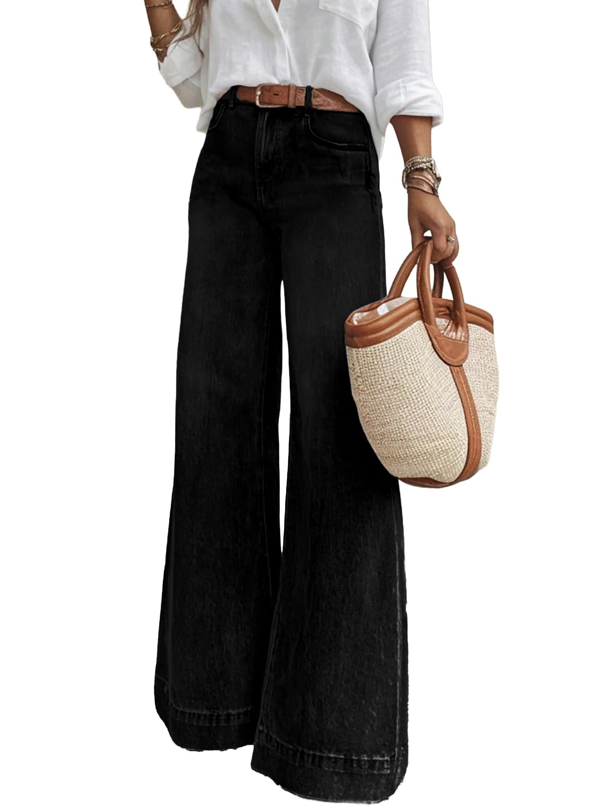 SHEWIN Flare Jeans for Women Wide Leg High Waisted Strechy Loose Casual Denim Pants with Pockets
