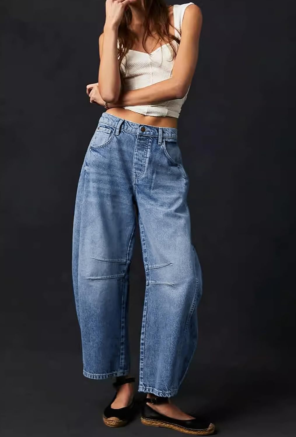 Womens Stretchy Mid Rise Barrel Jeans Vintage Loose Wide Leg Cropped Denim Pants Y2k Baggy Boyfriend Jeans