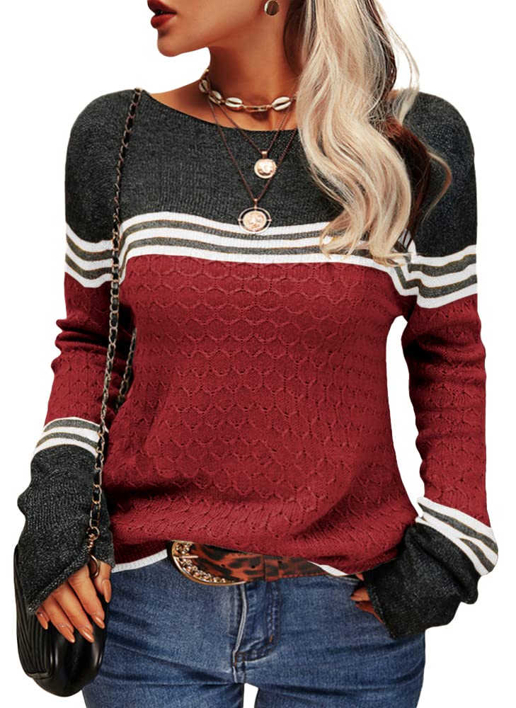 Danedvi Womens Fall Fashion 2026 Sweaters Colorblock Lightweight Striped Crewneck Winter Trendy Pullover Tops