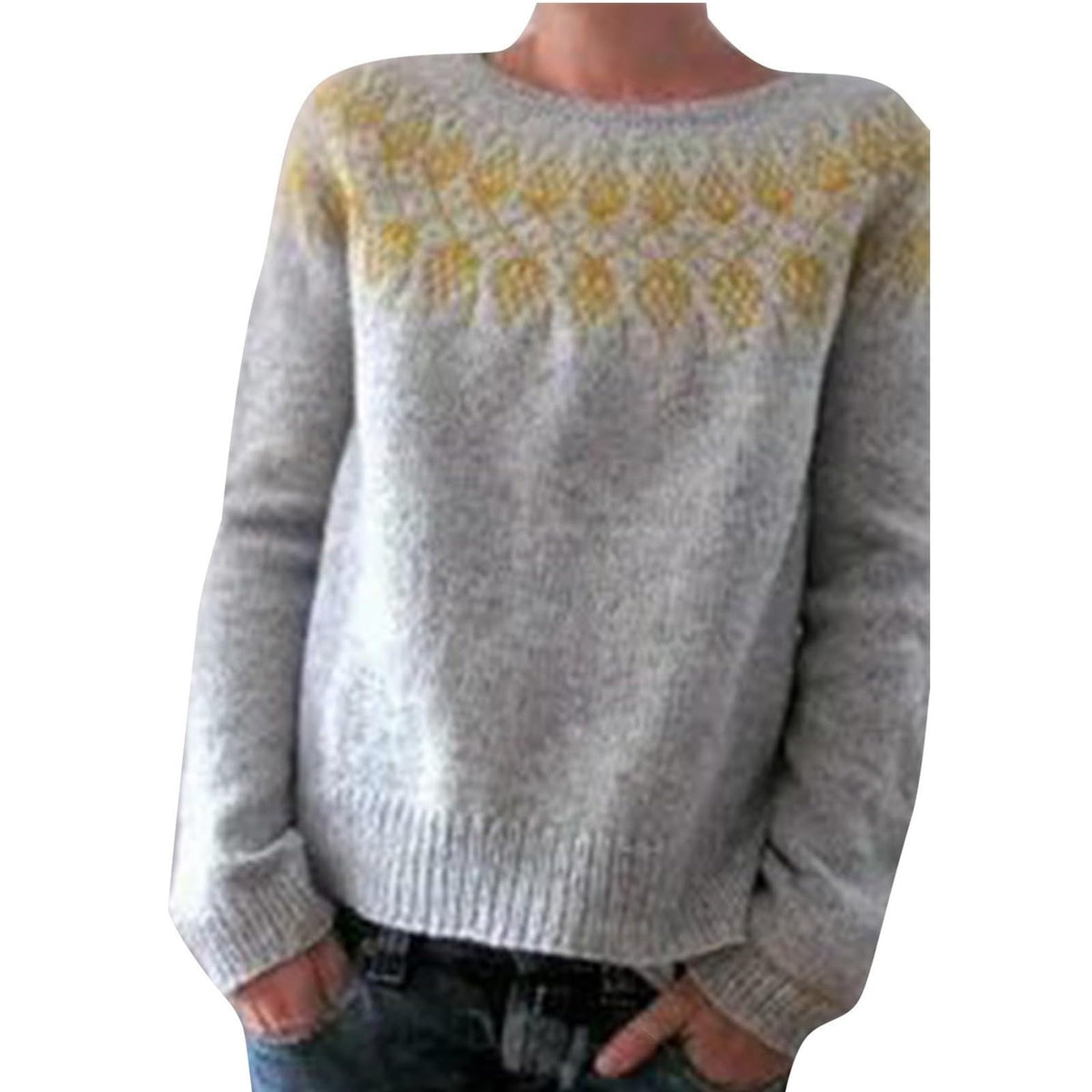 Fair Isle Sweater Women Boho Knitted Vintage Sweaters Casual Crewneck Long Sleeve Lightweight Cropped Pullover Tops