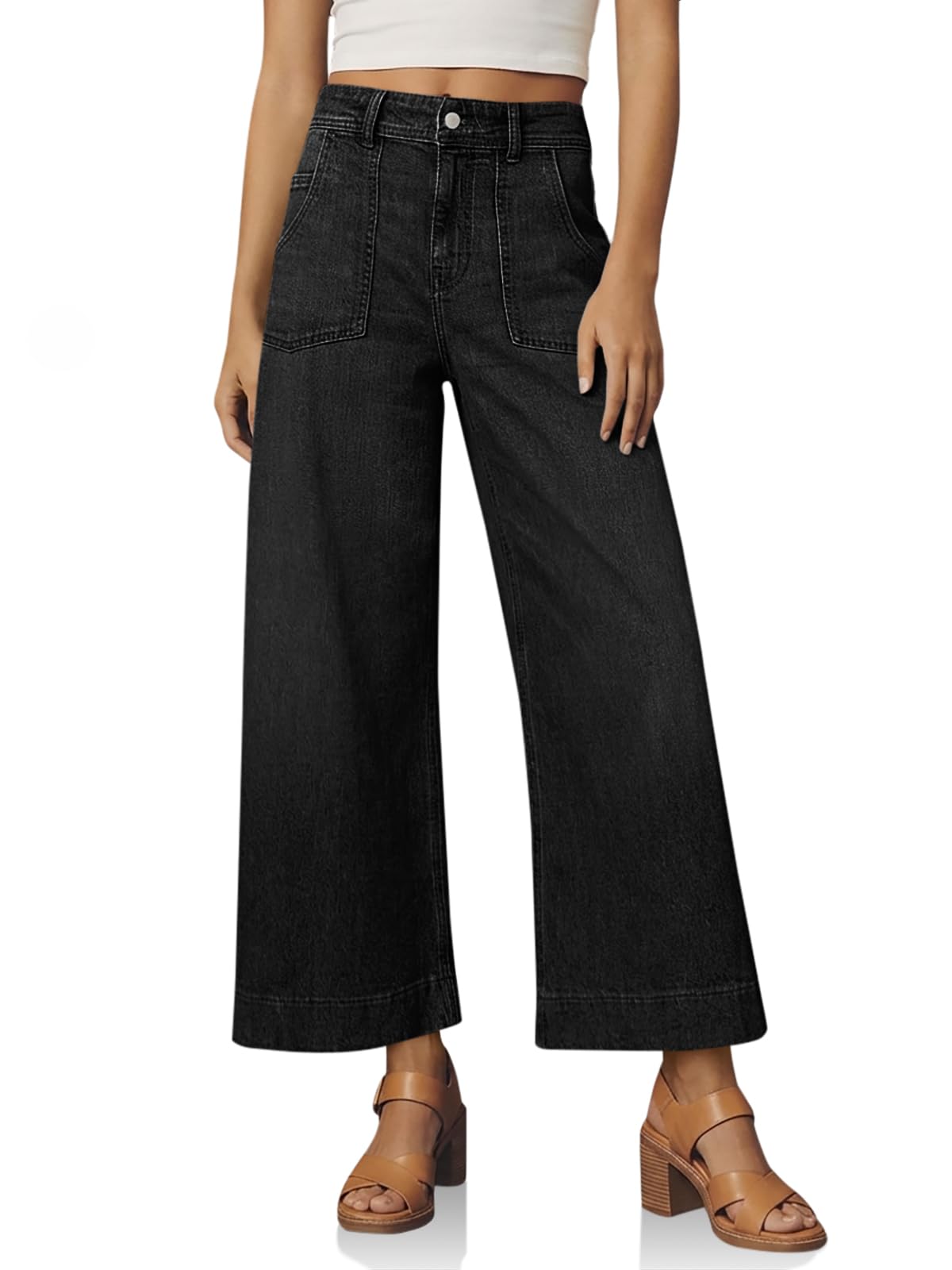 Cicy Bell Womens Cropped Wide Leg Jeans High Waisted Stretchy Denim Pants