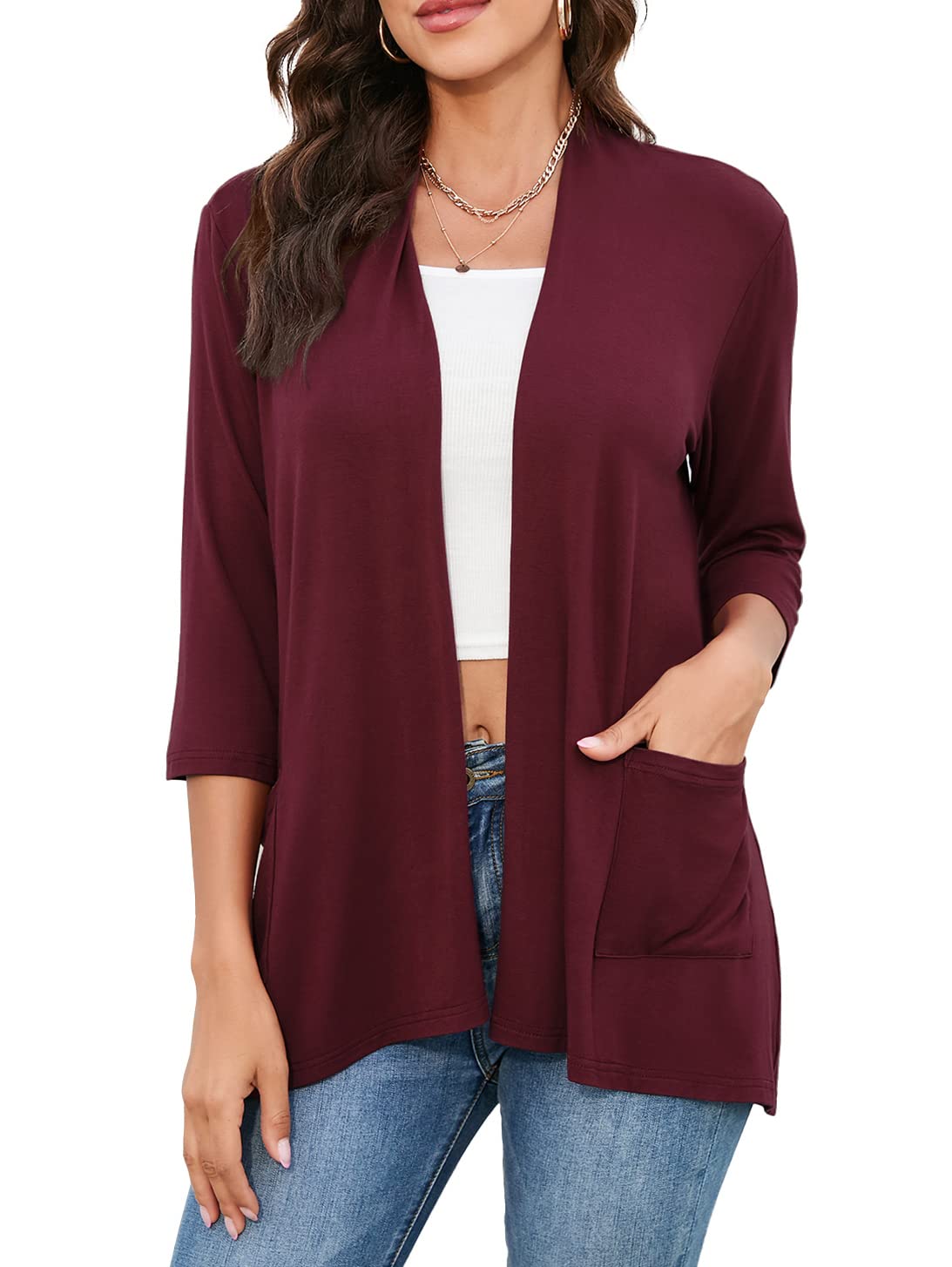 HIYIYEZI Womens Casual Lightweight Cardigans with Pockets 3/4 Sleeve Open Front Dusters