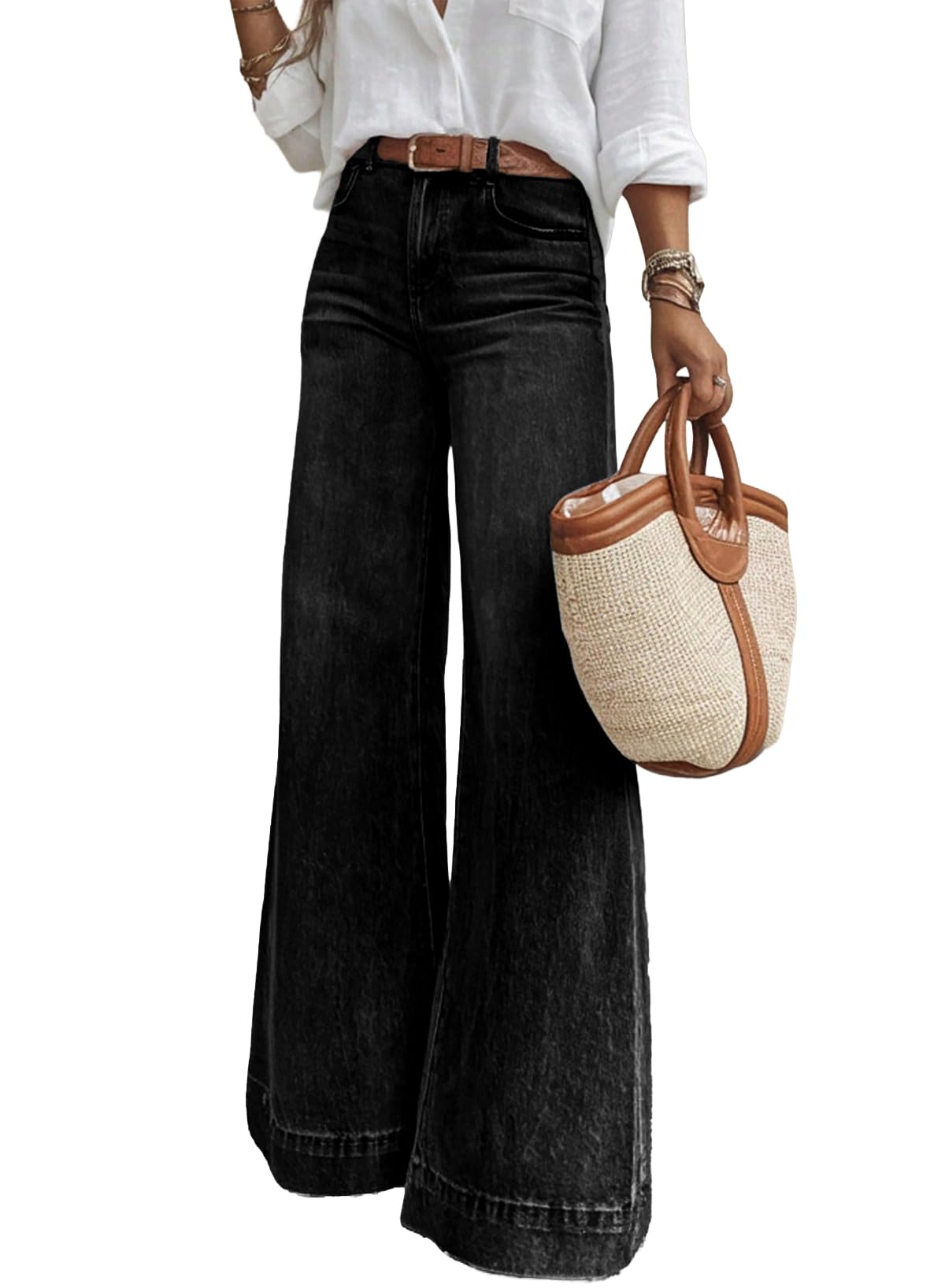 SHEWIN Flare Jeans for Women Wide Leg High Waisted Strechy Loose Casual Denim Pants with Pockets