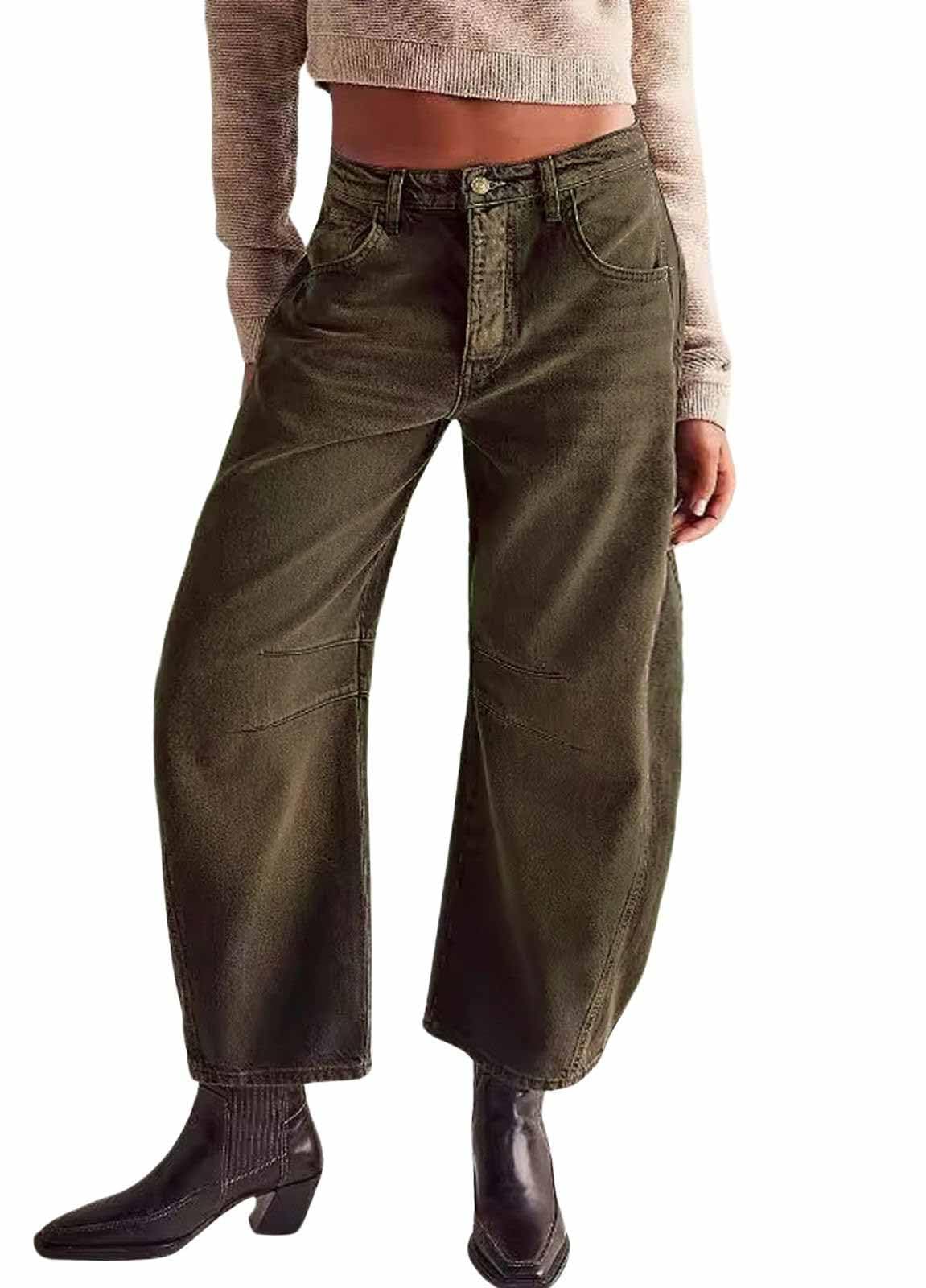 Womens Stretchy Mid Rise Barrel Jeans Vintage Loose Wide Leg Cropped Denim Pants Y2k Baggy Boyfriend Jeans