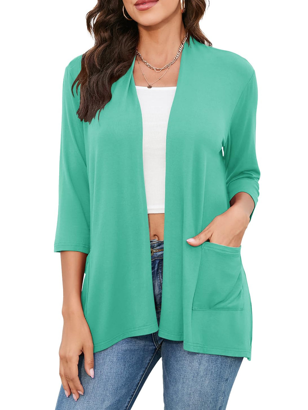 HIYIYEZI Womens Casual Lightweight Cardigans with Pockets 3/4 Sleeve Open Front Dusters