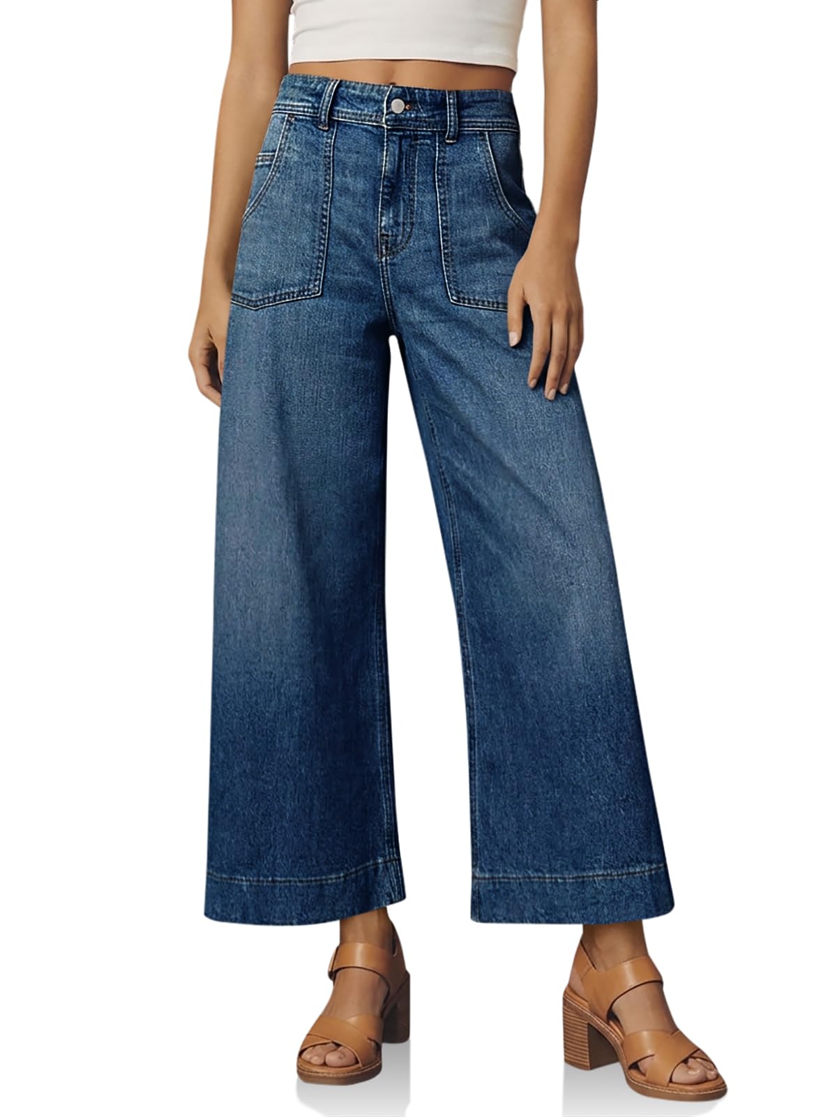 Cicy Bell Womens Cropped Wide Leg Jeans High Waisted Stretchy Denim Pants