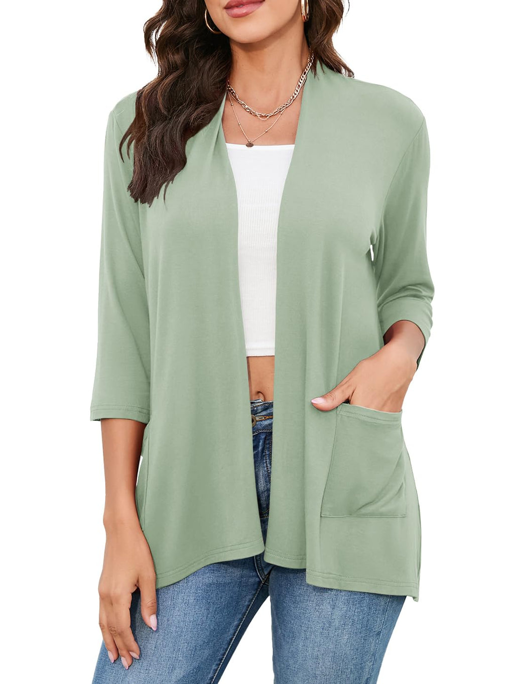 HIYIYEZI Womens Casual Lightweight Cardigans with Pockets 3/4 Sleeve Open Front Dusters