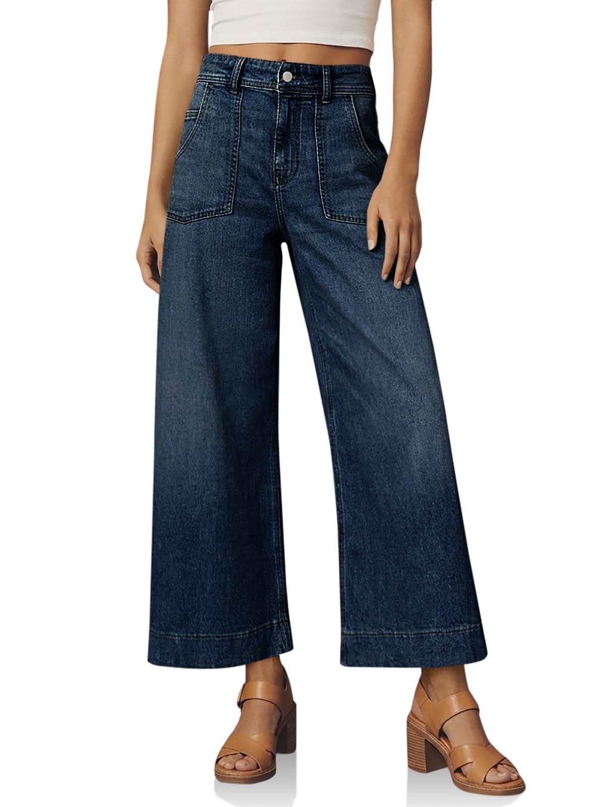 Cicy Bell Womens Cropped Wide Leg Jeans High Waisted Stretchy Denim Pants