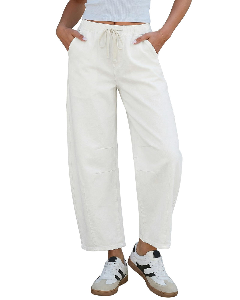 GRAPENT Barrel Jeans Women High Rise Pull On Elastic Waist Crop Denim Pants