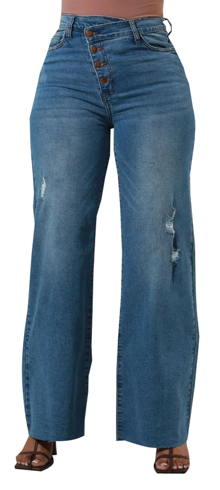 KnoInt Women's Wide Leg Straight Jeans High Waisted Baggy Stretch Loose Denim Pants