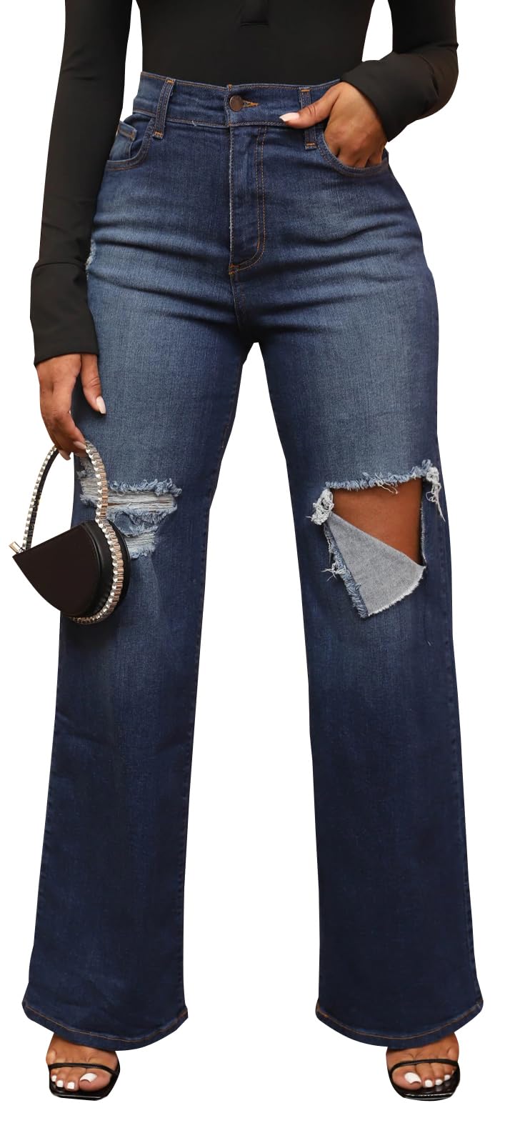 KnoInt Women's Wide Leg Straight Jeans High Waisted Baggy Stretch Loose Denim Pants
