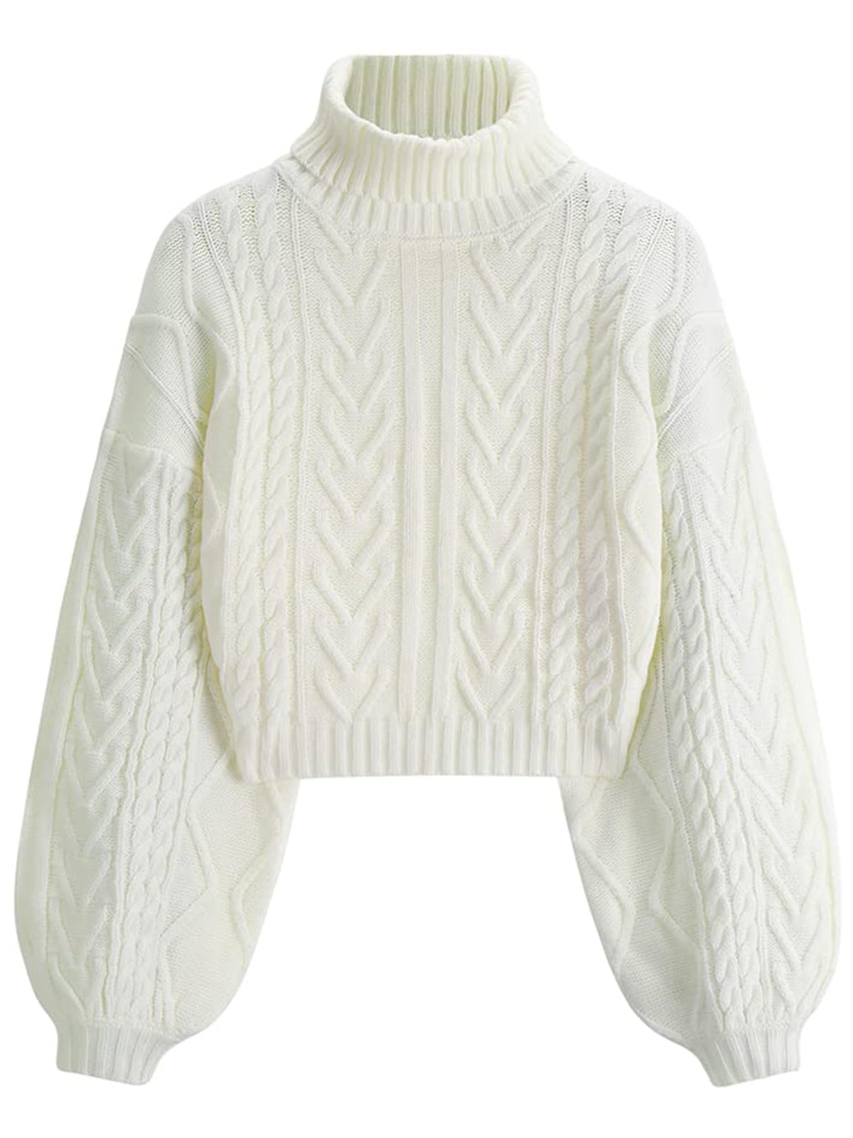 ZAFUL Women's Cropped Turtleneck Sweater Lantern Sleeve Ribbed Knit Pullover Sweater Jumper