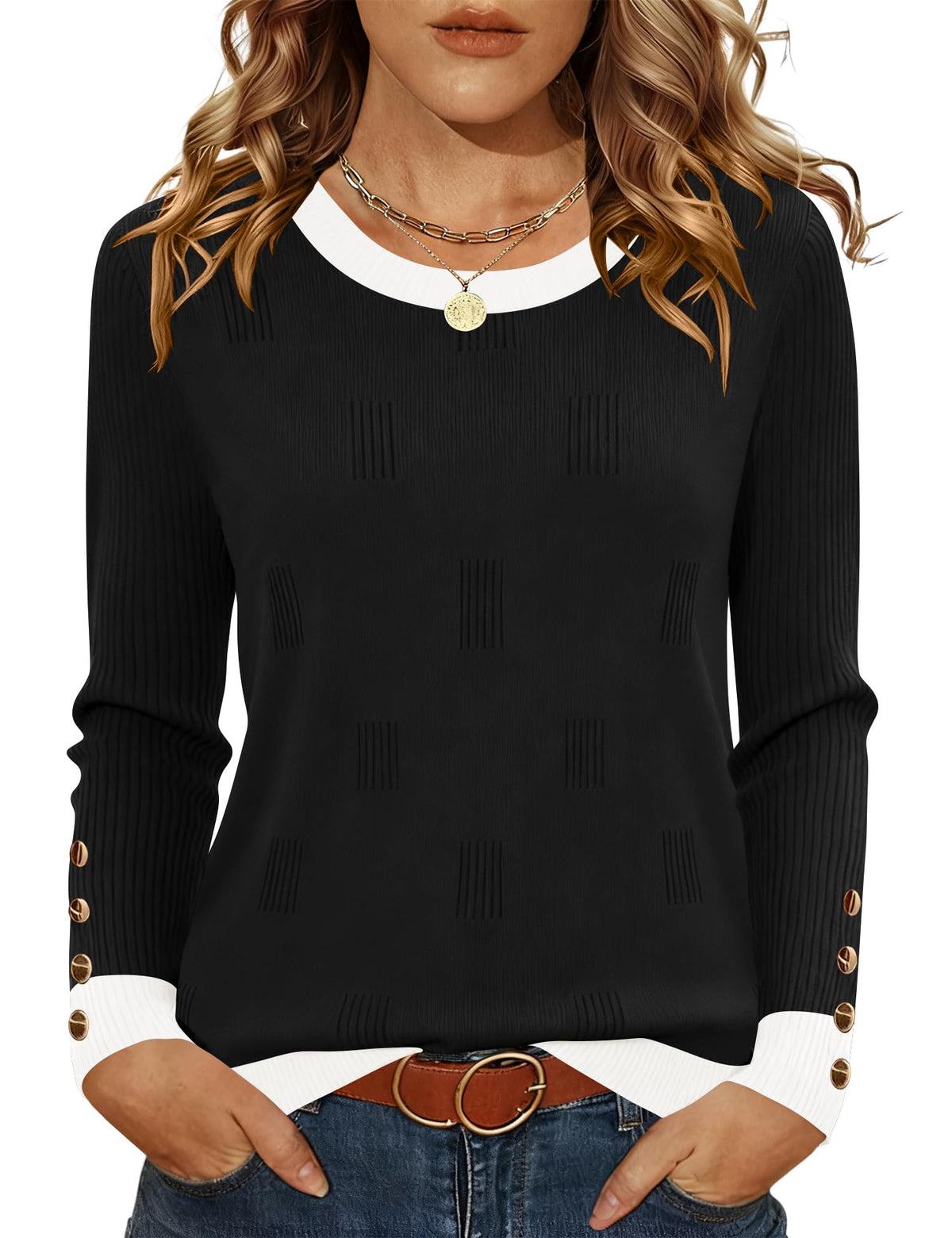 AKEWEI Womens Sweaters Long Sleeve Crew Neck Lightweight Knit Pullover Tops with Decorative Buttons