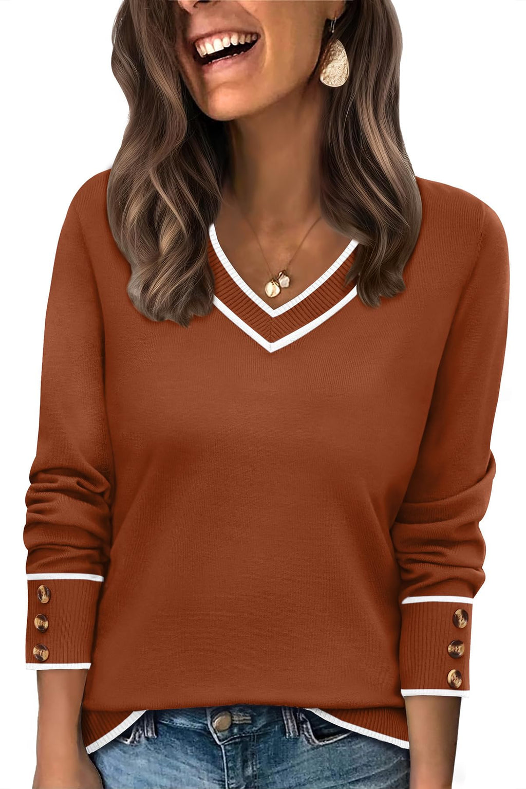 WIHOLL Lightweight Sweaters for Women Long Sleeve V Neck Knit Outfits with Decorative Buttons