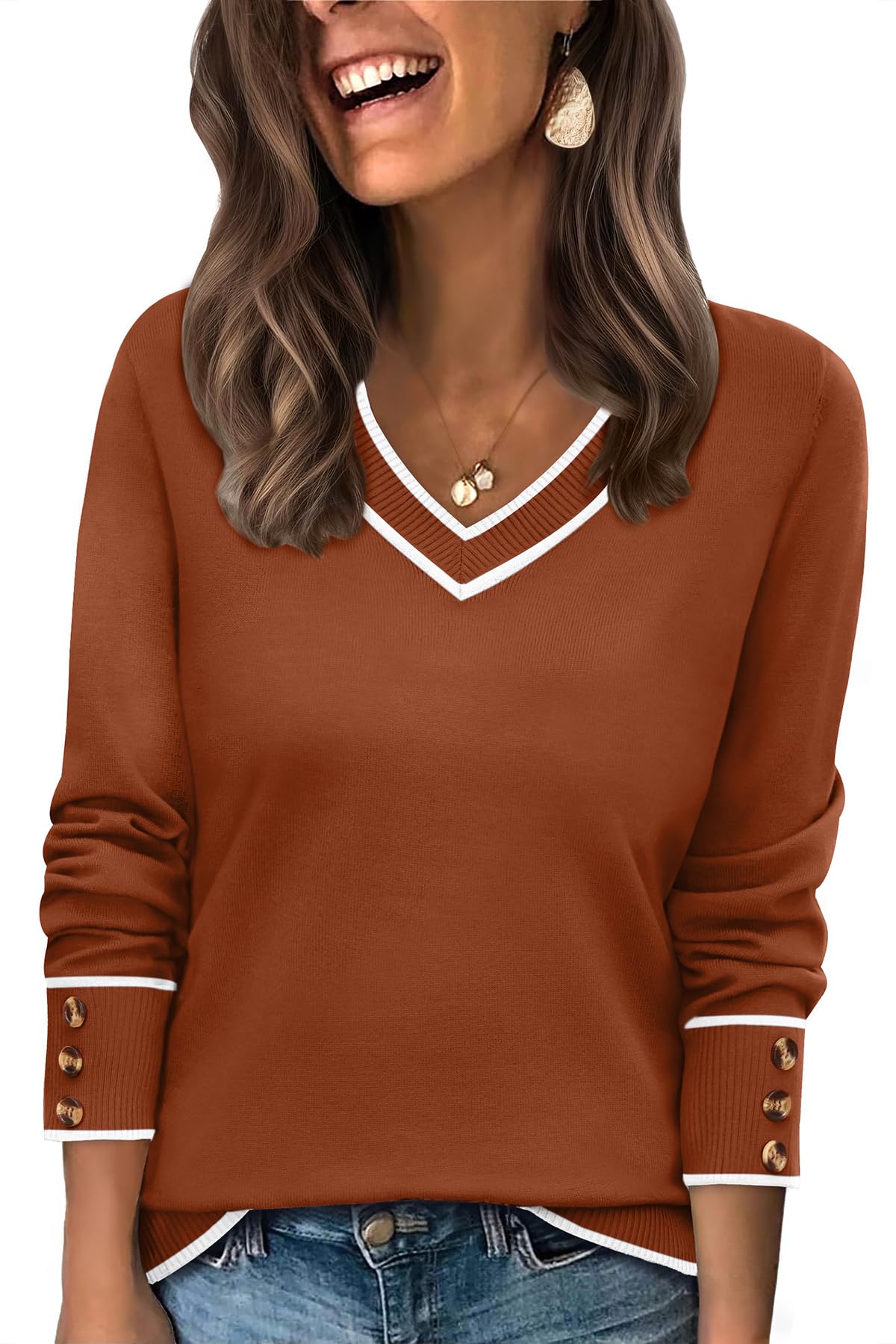 WIHOLL Lightweight Sweaters for Women Long Sleeve V Neck Knit Outfits with Decorative Buttons