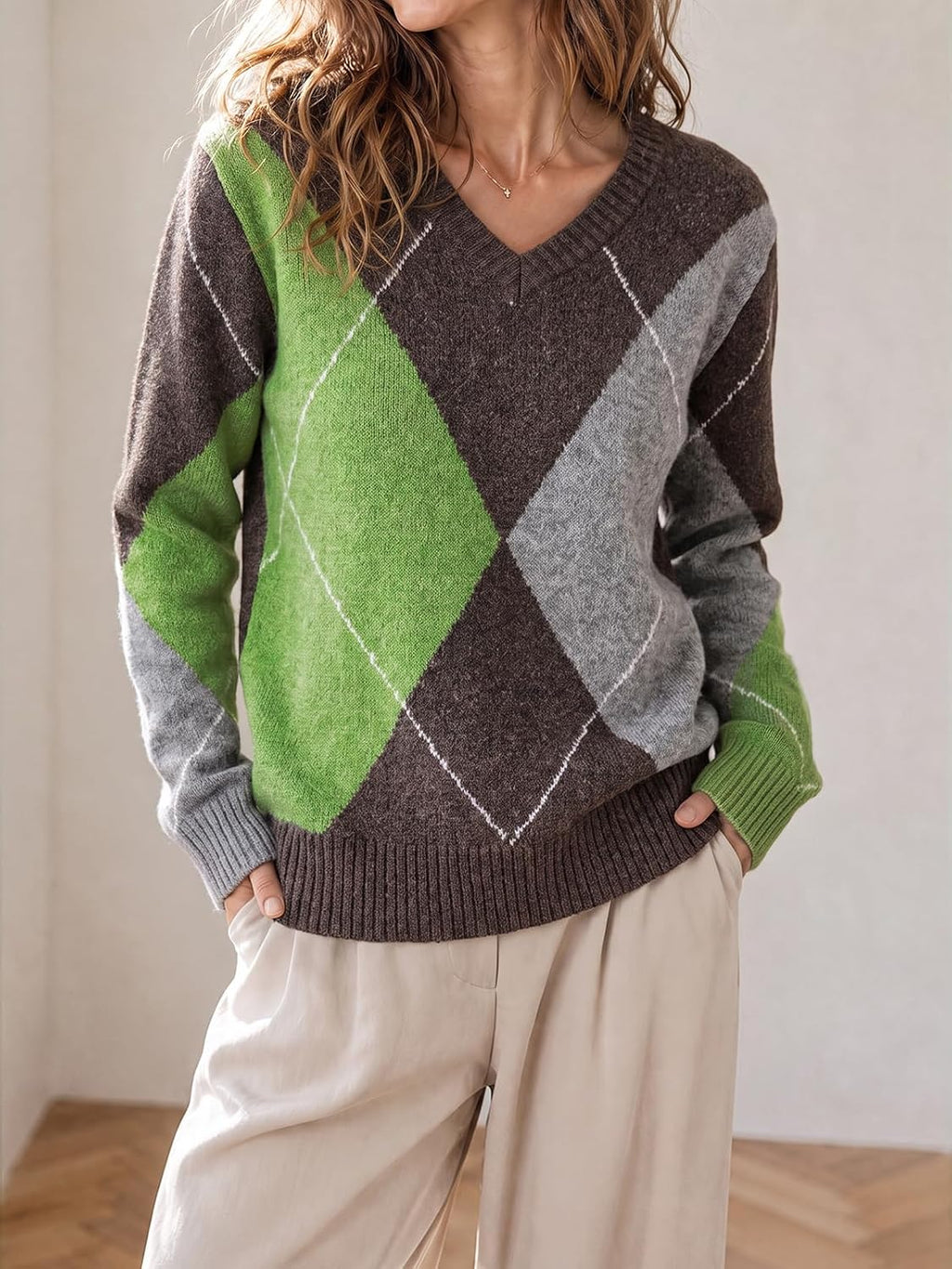 Cicy Bell Womens V Neck Argyle Sweaters Long Sleeve Knit Casual Pullovers