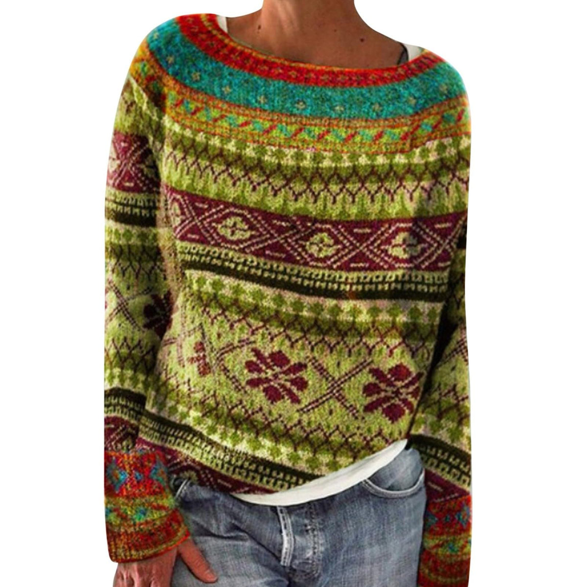 Fair Isle Sweater Women Boho Knitted Vintage Sweaters Casual Crewneck Long Sleeve Lightweight Cropped Pullover Tops