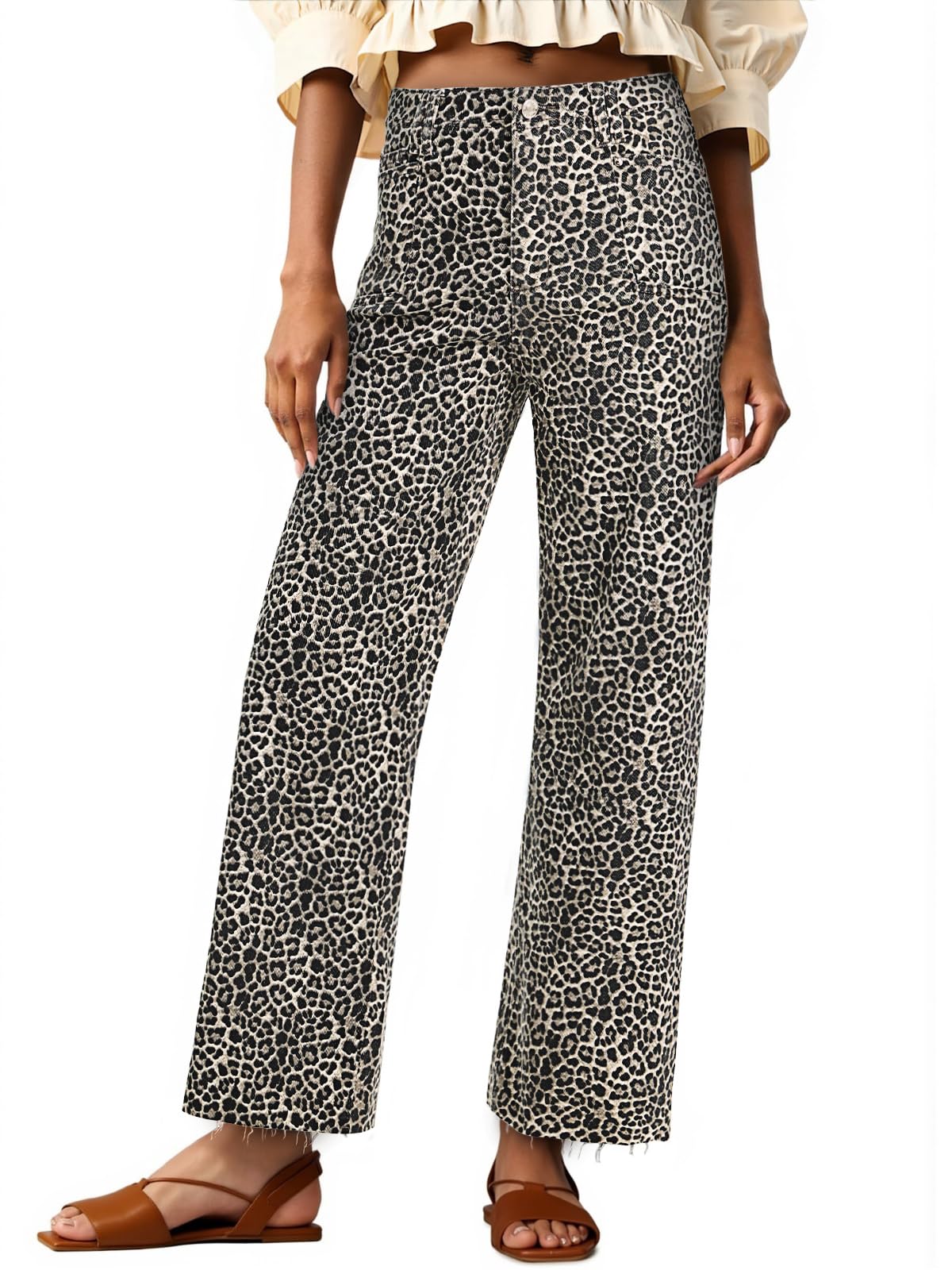 Cicy Bell Womens High Waisted Cropped Jeans Straight Leg Raw Hem Denim Pant