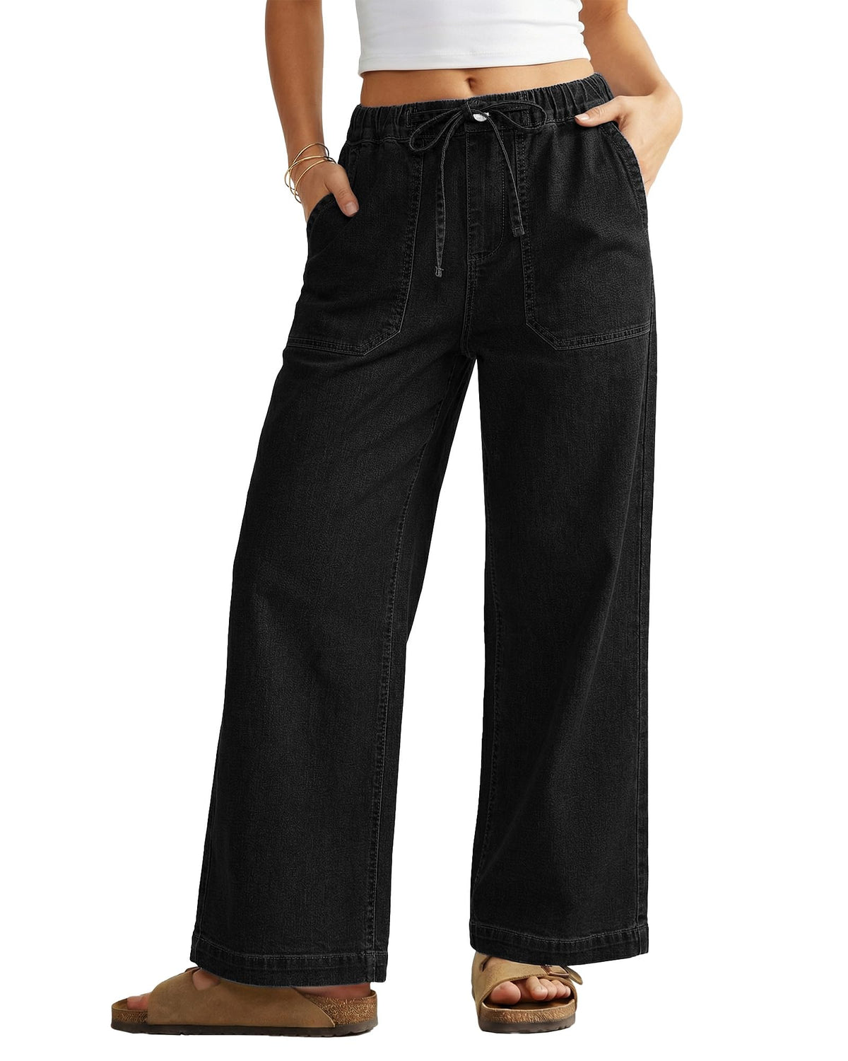 GRAPENT Wide Leg Jeans for Women Trendy High Waisted Drawstring Tie Elastic Waist Stretchy Denim Pants Trouser Jeans
