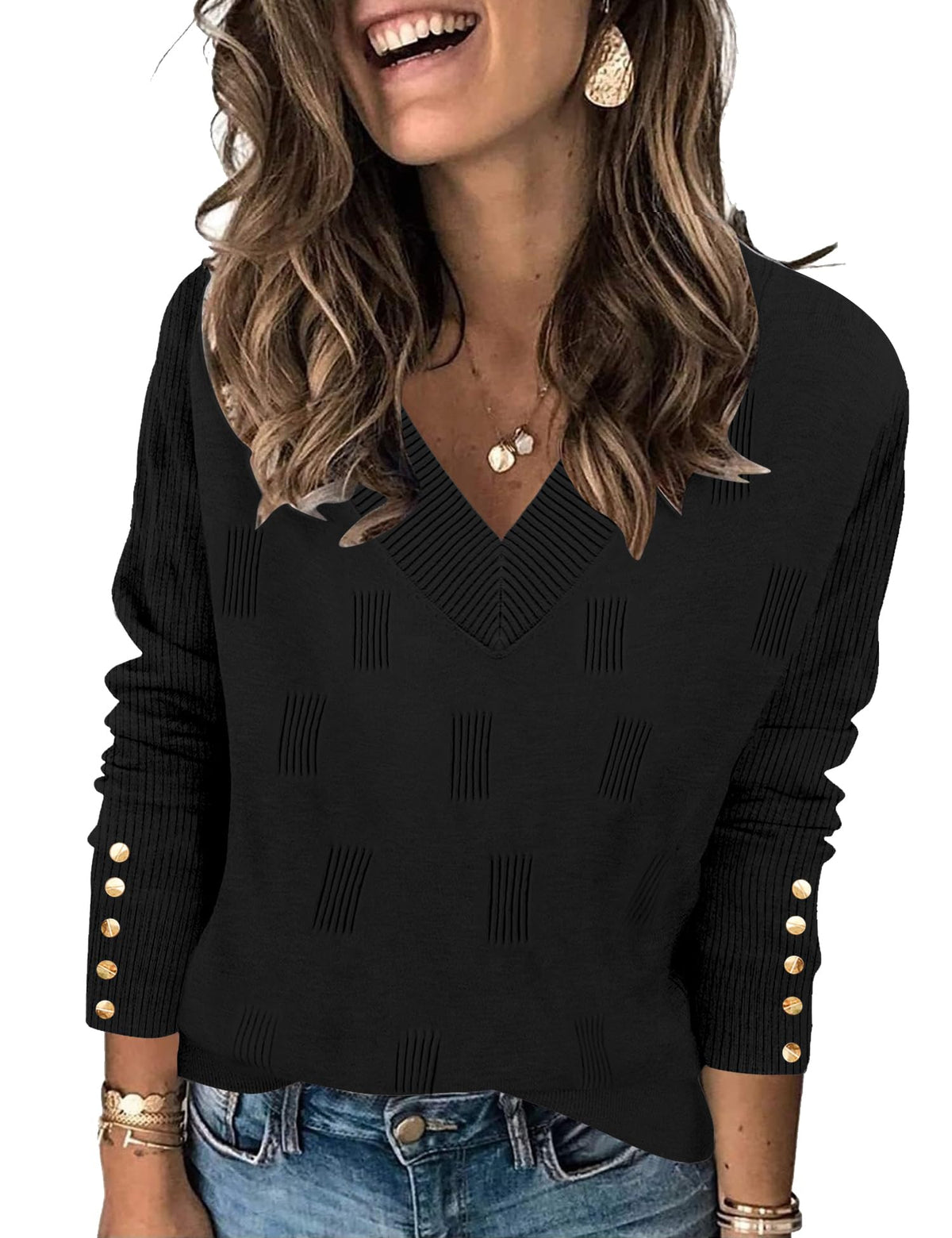 AKEWEI Womens V Neck Sweaters Long Sleeve Lightweight Knit Pullover Tops with Decorative Buttons