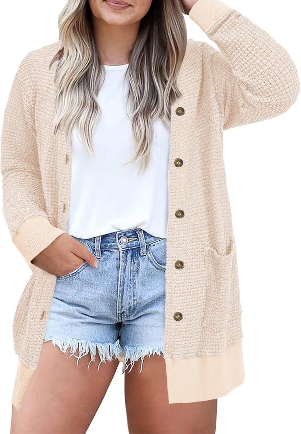 Eytino Womens Plus Size Waffle Knit Button Down Cardigans(1X-5X)