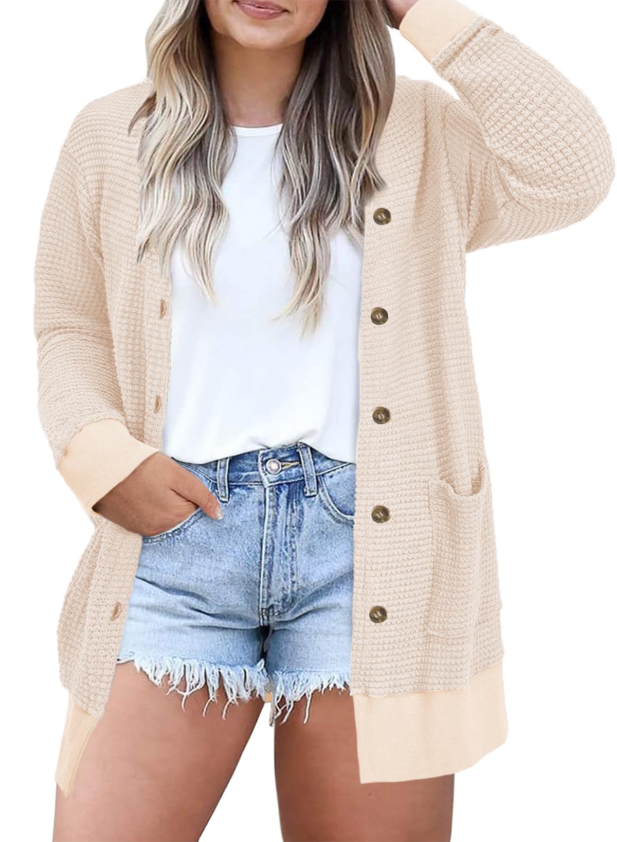 Eytino Womens Plus Size Waffle Knit Button Down Cardigans(1X-5X)