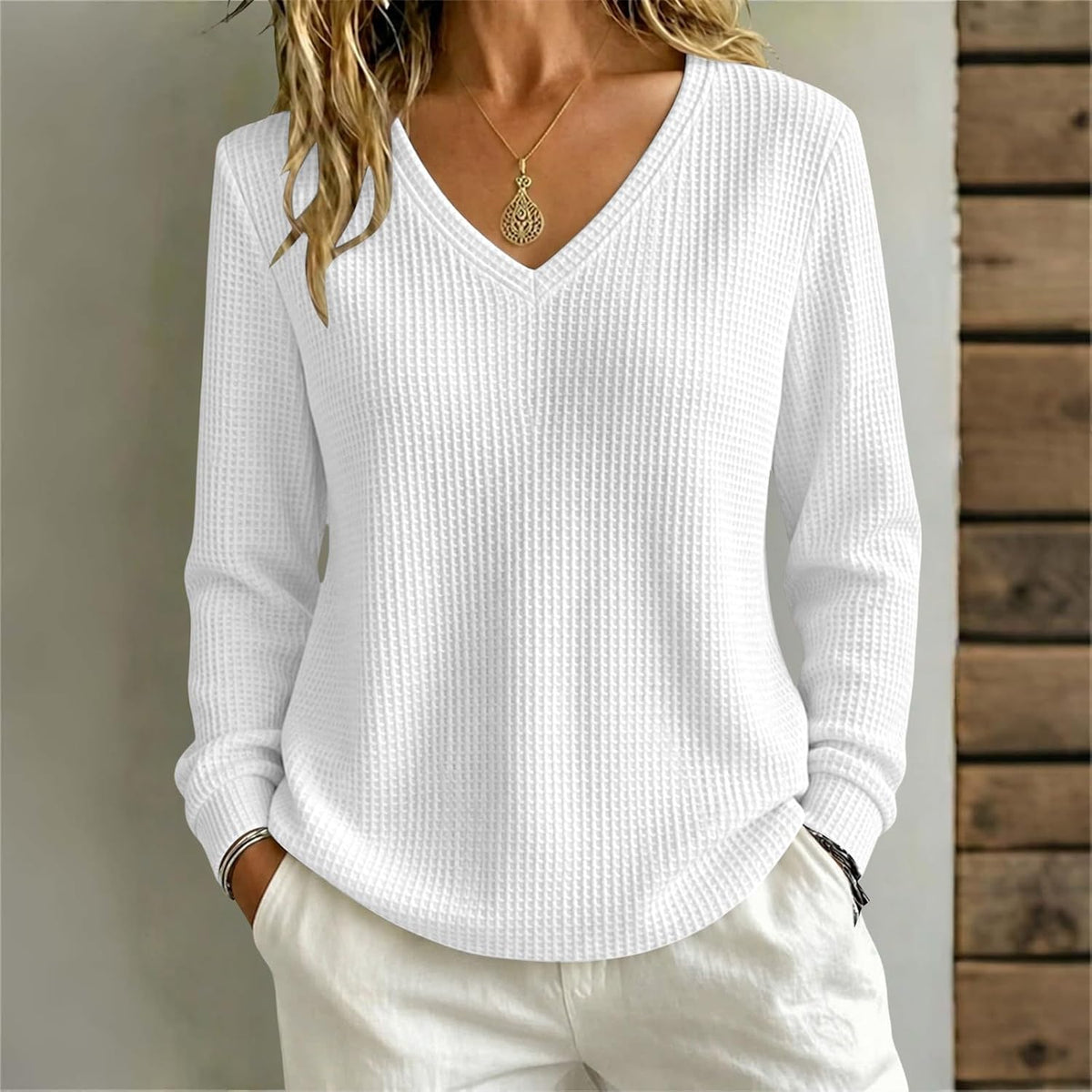 Women’s Lightweight Waffle Knit Sweater V-Neck Loose Fit Pullover