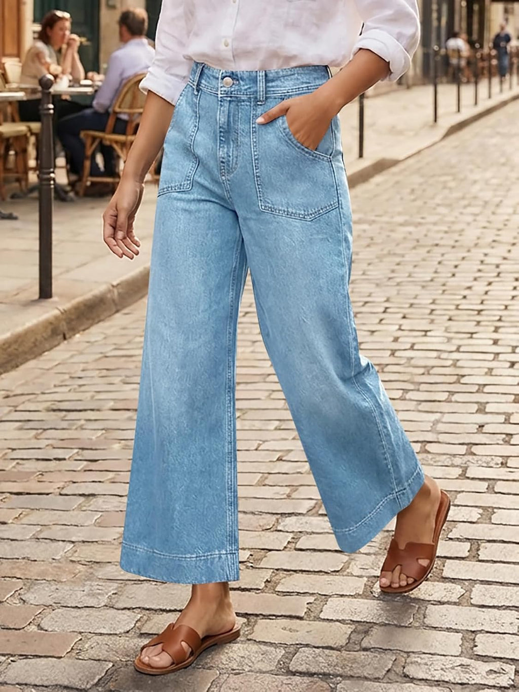 Cicy Bell Womens Cropped Wide Leg Jeans High Waisted Stretchy Denim Pants