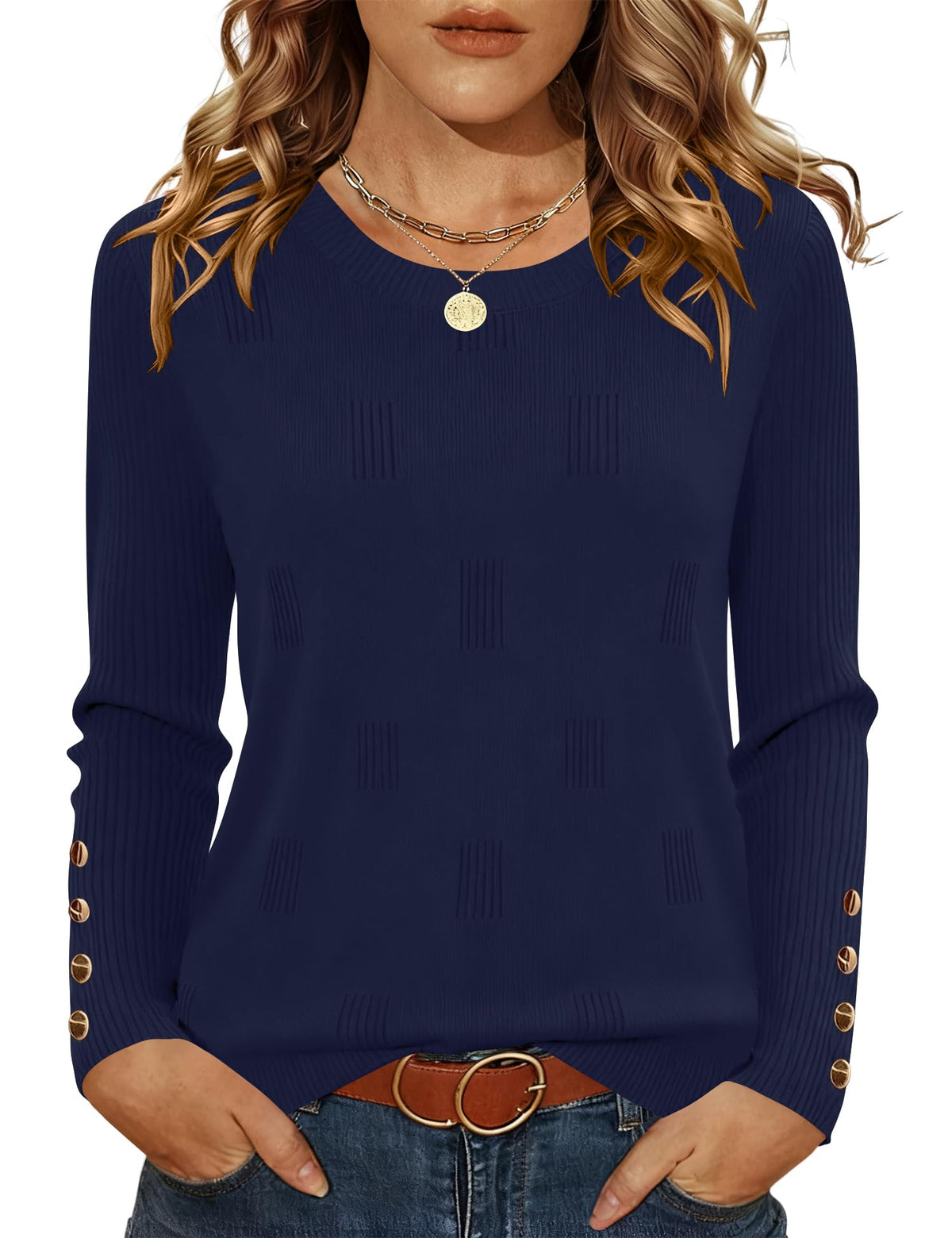 AKEWEI Womens Sweaters Long Sleeve Crew Neck Lightweight Knit Pullover Tops with Decorative Buttons