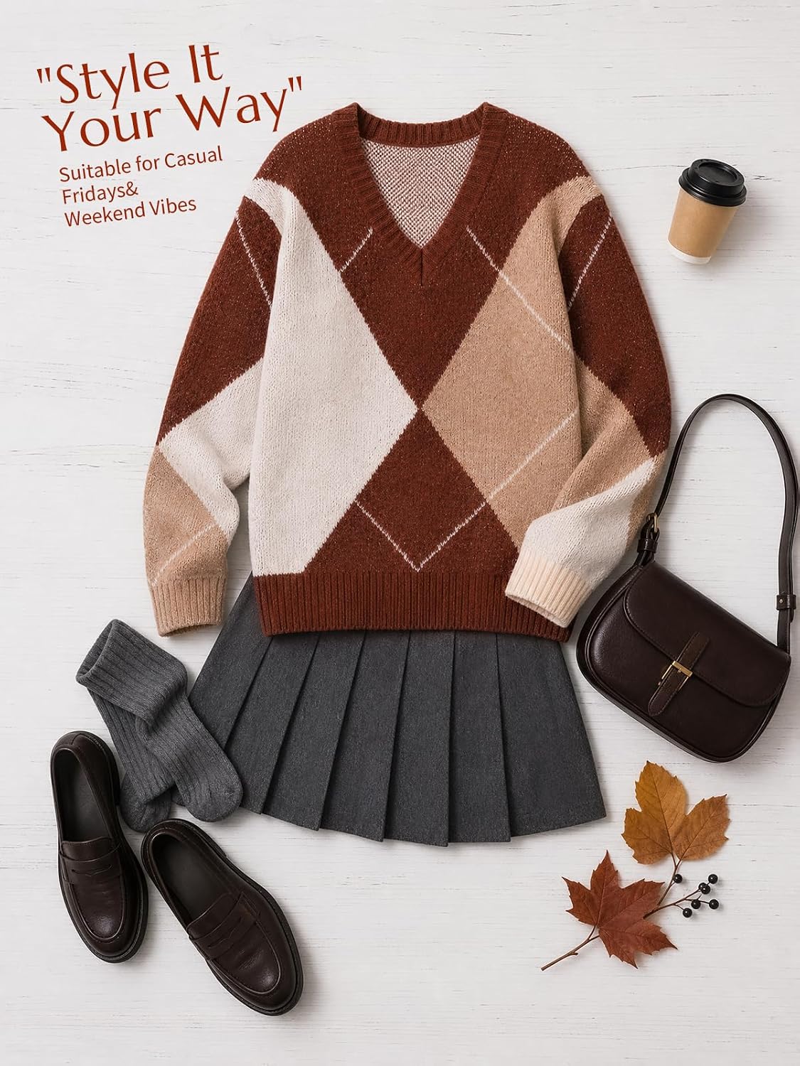 Cicy Bell Womens V Neck Argyle Sweaters Long Sleeve Knit Casual Pullovers