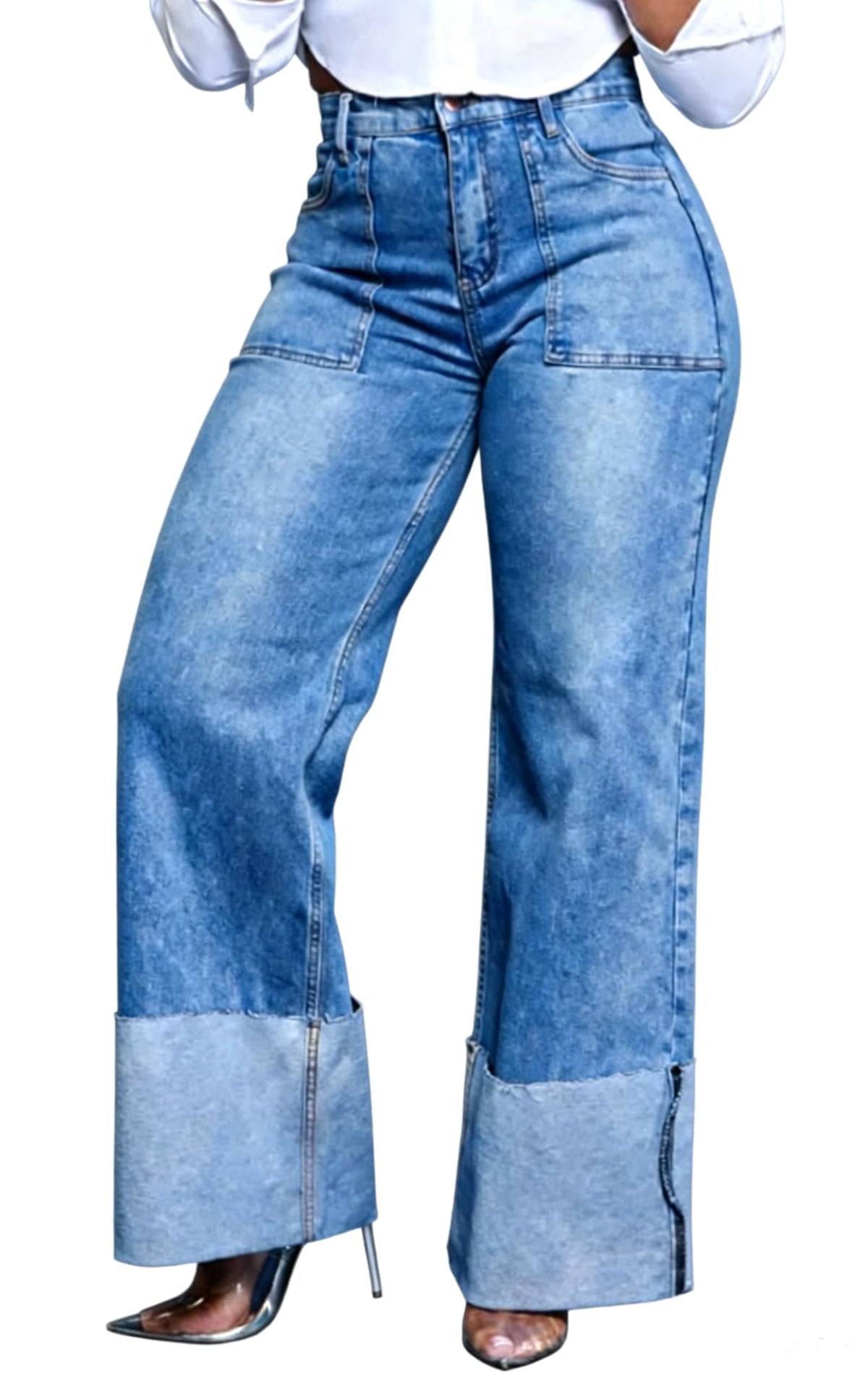 KnoInt Women's Wide Leg Straight Jeans High Waisted Baggy Stretch Loose Denim Pants