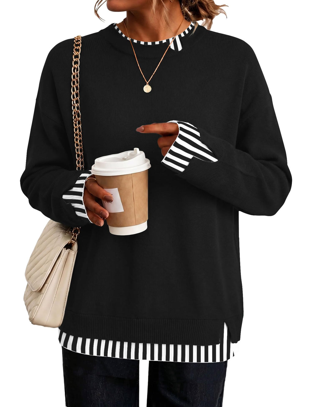 LOMON Womens Sweaters Cozy Long Sleeve Pullover Tops Faux Layered Sweaters
