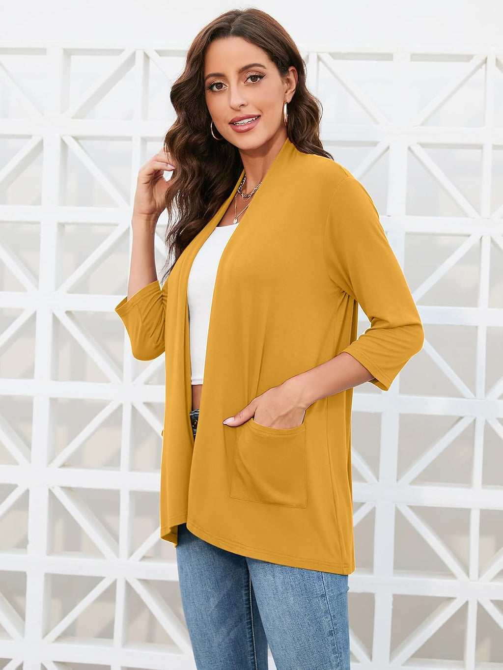 HIYIYEZI Womens Casual Lightweight Cardigans with Pockets 3/4 Sleeve Open Front Dusters
