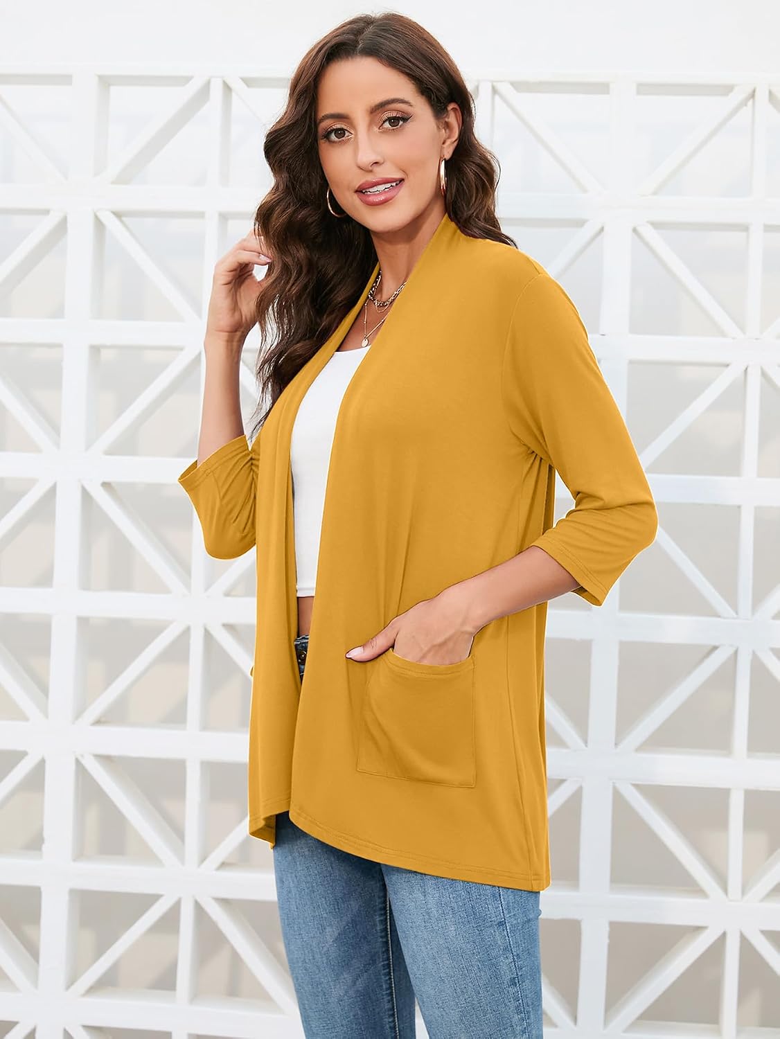 HIYIYEZI Womens Casual Lightweight Cardigans with Pockets 3/4 Sleeve Open Front Dusters