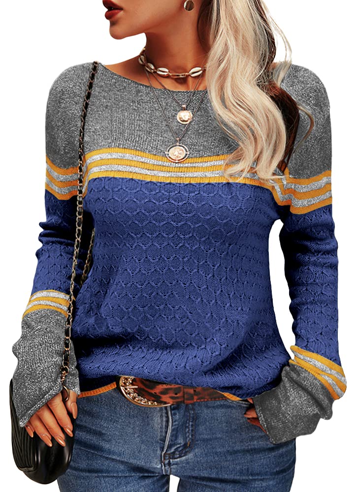 Danedvi Womens Fall Fashion 2026 Sweaters Colorblock Lightweight Striped Crewneck Winter Trendy Pullover Tops